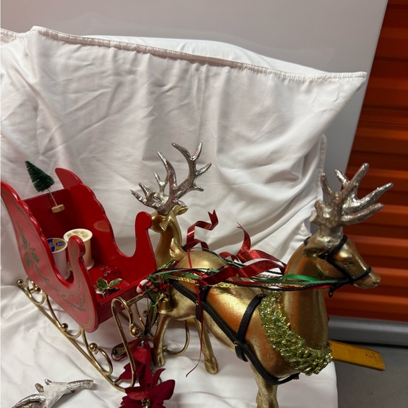 Holiday Red Sleigh with Gold Detailing with 2 reindeer with glittered wreaths - Picture 7 of 10
